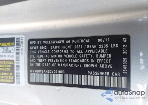 2013 Volkswagen Eos Komfort z USA, uszkodzony, nr VIN WVWBW8AH5DV001003